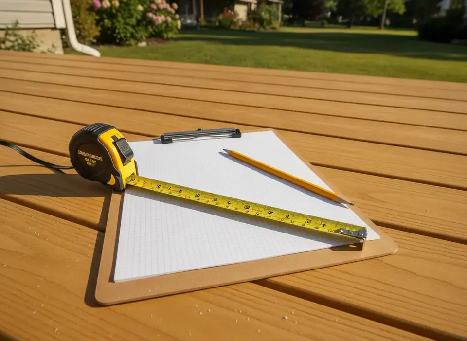 Clipboard with a deck sketch and a tape measure on deck boards