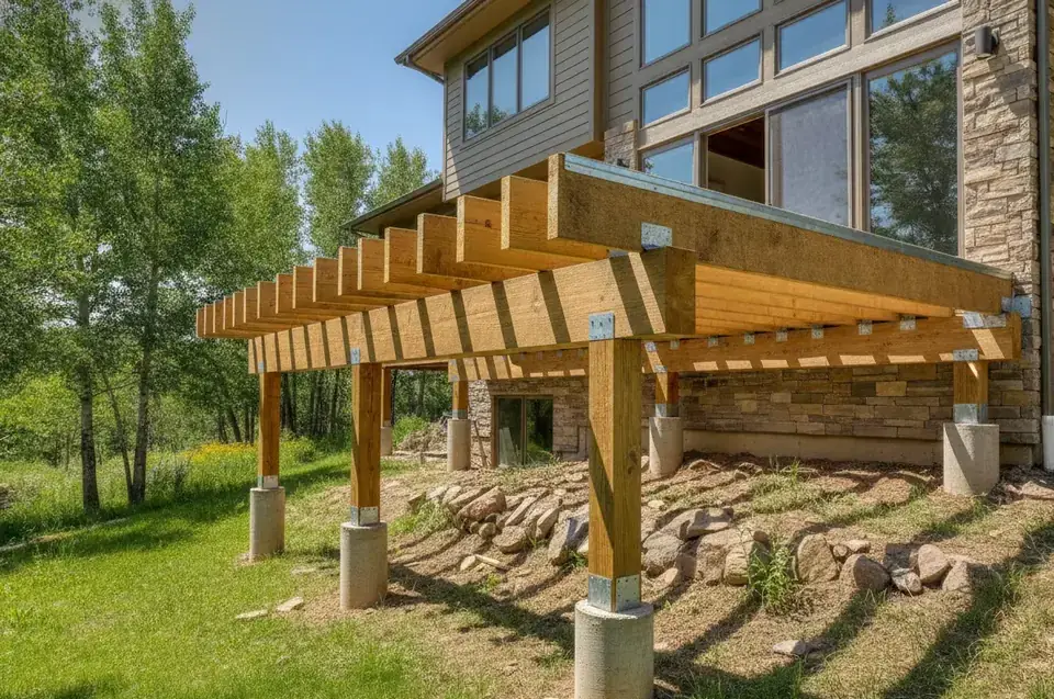 Raised deck framing with footings, beams and joist hangers