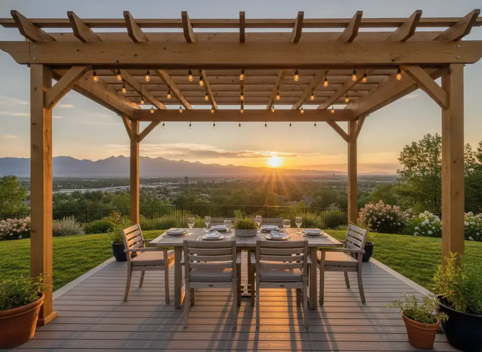 Cedar pergola over a deck with string lights